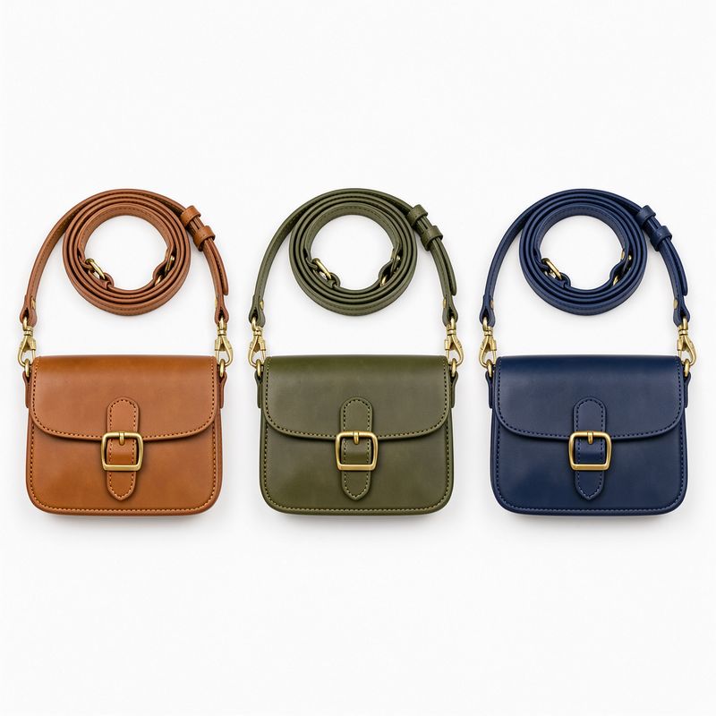 Three identical crossbody bags in a row on white, tan then olive then navy, with the olive one outlined