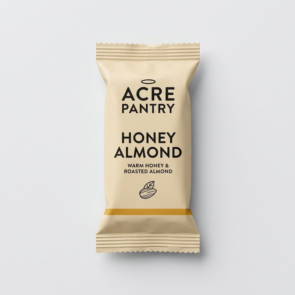 Flat-lay product photograph of the Acre Pantry Honey Almond granola bar in a flow-wrap pillow pouch, kraft cream paper with ACRE PANTRY wordmark, HONEY ALMOND flavor name, almond illustration, and amber gold accent stripe