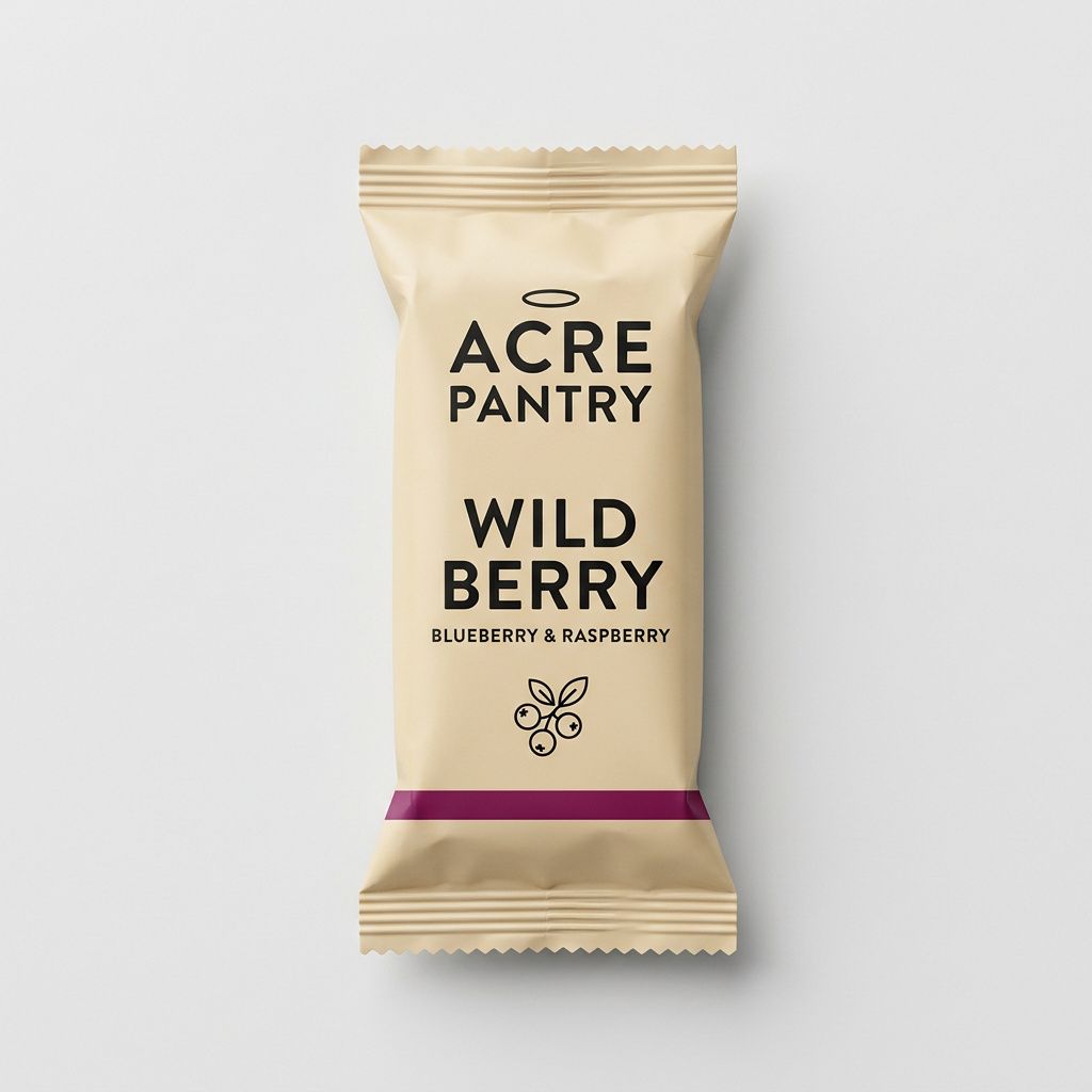 Flat-lay product photograph of the Acre Pantry Wild Berry granola bar in a flow-wrap pillow pouch, kraft cream paper with ACRE PANTRY wordmark, WILD BERRY flavor name, berry sprig illustration, and berry purple accent stripe