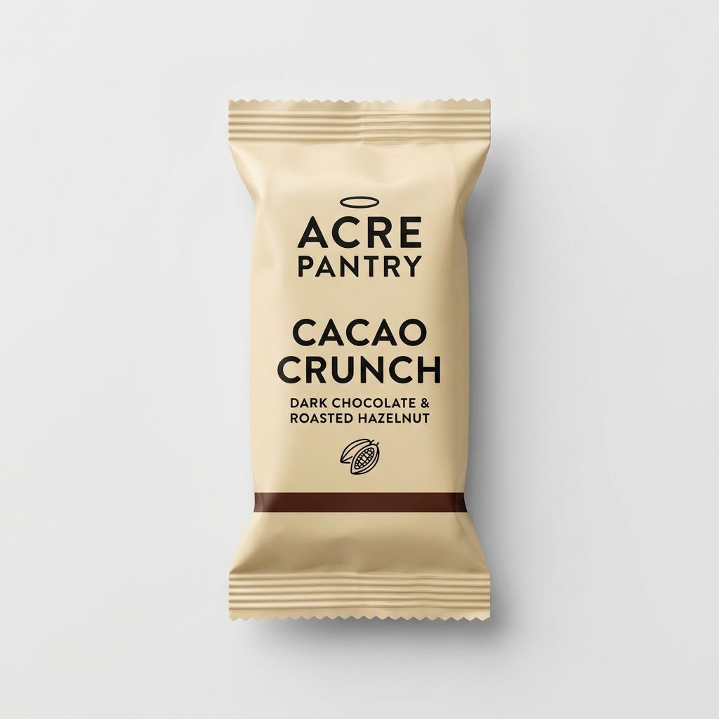Flat-lay product photograph of the Acre Pantry Cacao Crunch granola bar in a flow-wrap pillow pouch, kraft cream paper with ACRE PANTRY wordmark, CACAO CRUNCH flavor name, cacao bean illustration, and chocolate brown accent stripe