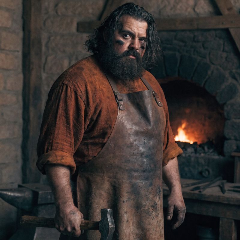 A burly medieval blacksmith with a thick black beard and leather apron standing in front of a stone forge
