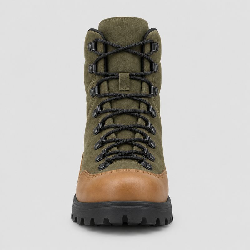 A two-tone olive and tan leather hiking boot photographed straight on from the front against a plain light grey background