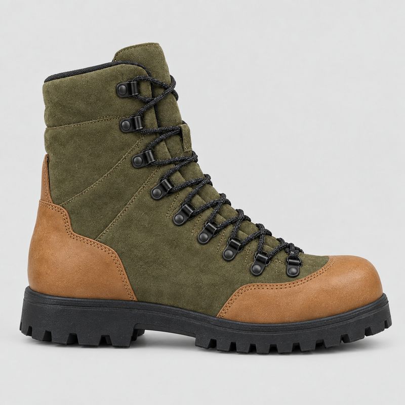 The same hiking boot photographed from the side showing its lacing hardware and panel seams