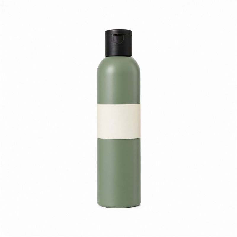 A sage green shampoo bottle with a matte black flip cap and a blank cream label band on a white background