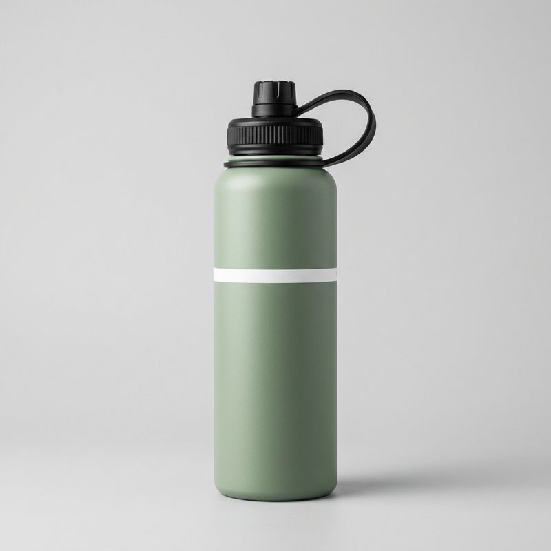 A packshot of a matte sage-green stainless steel water bottle with a black screw lid and a black silicone carry loop
