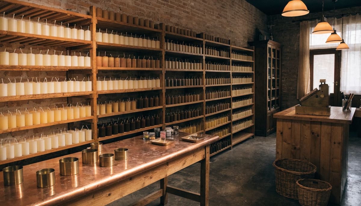 The interior of an artisan candle shop with copper-topped workbenches, brick walls, candle drying shelves, and an antique brass cash register