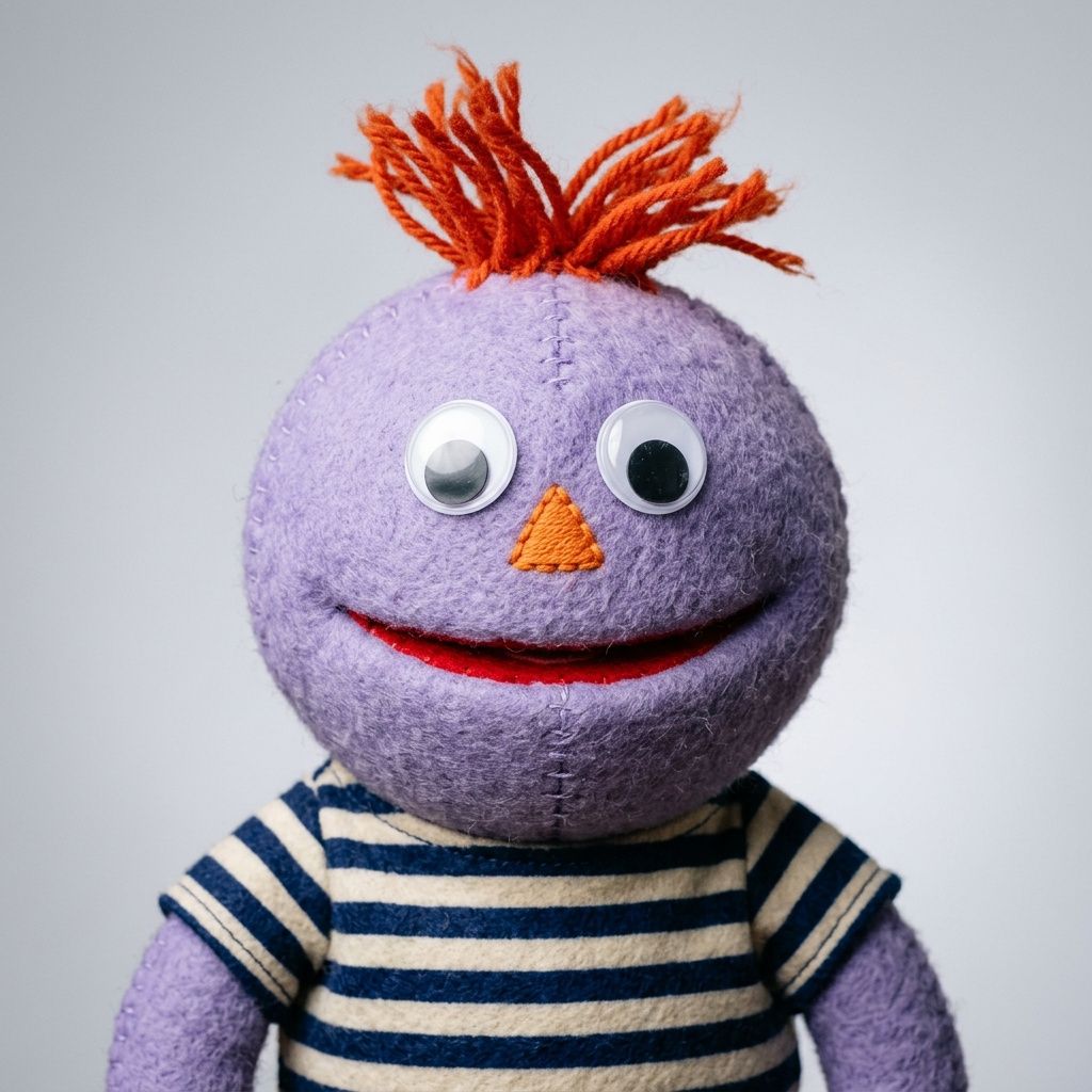 Photoreal close-up portrait of Mo, a friendly muppet-style felt puppet with a round lavender-purple felt head, two large googly eyes, an orange triangle nose, a wide red felt smile, an orange yarn tuft of hair, and a navy-and-cream striped shirt, against a plain pale grey background