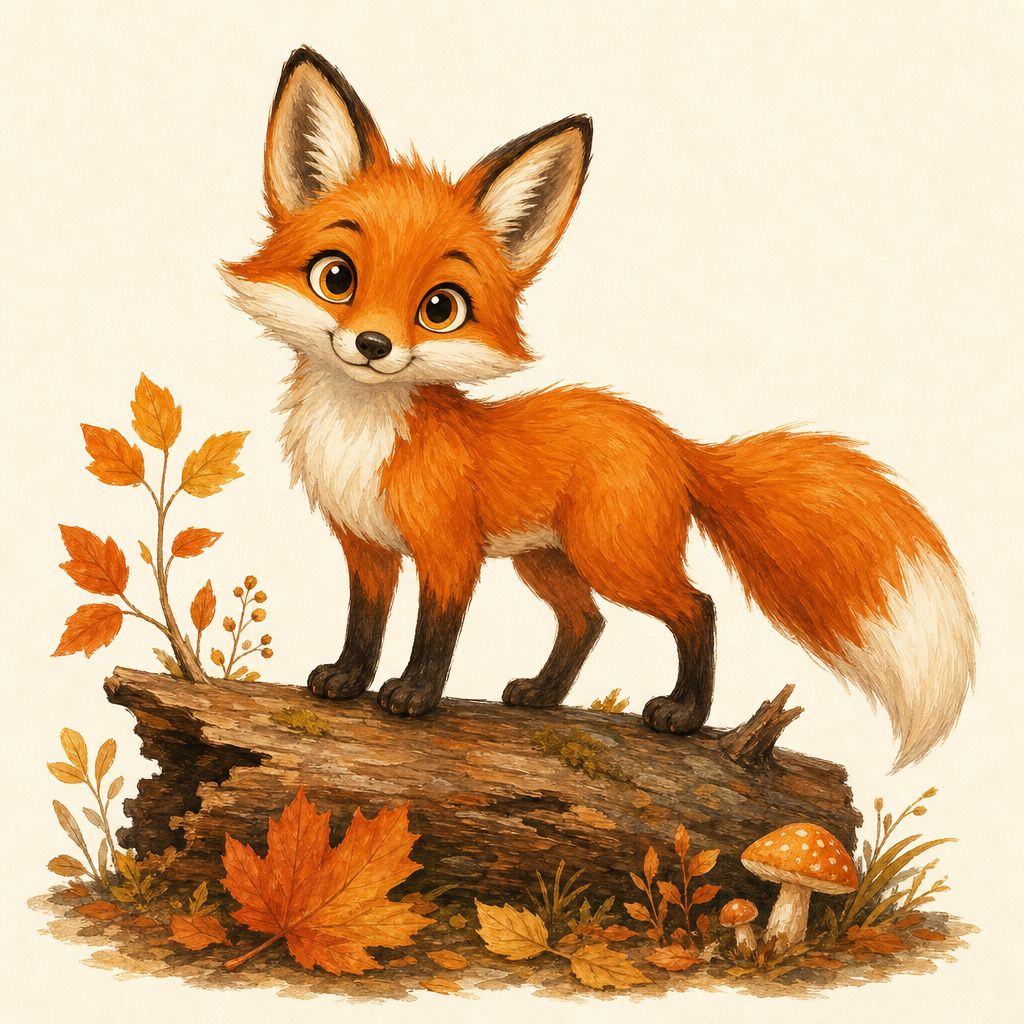 A children's book illustration of a red fox with oversized amber eyes standing on a fallen log