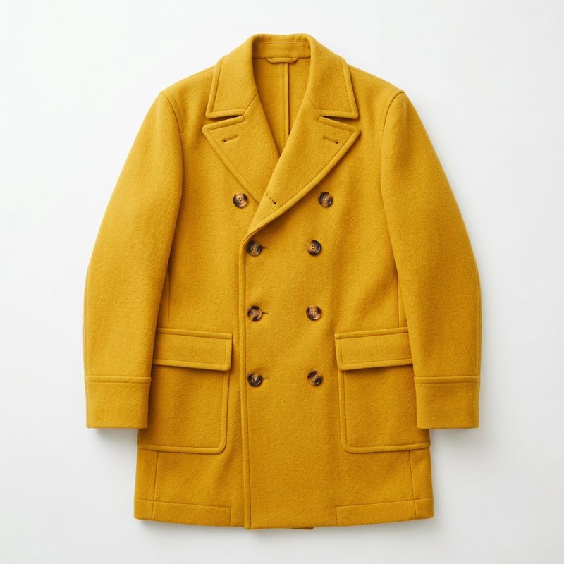 A flat-lay studio photo of a mustard-yellow wool overcoat with wide notch lapels, a double-breasted front and large tortoiseshell buttons