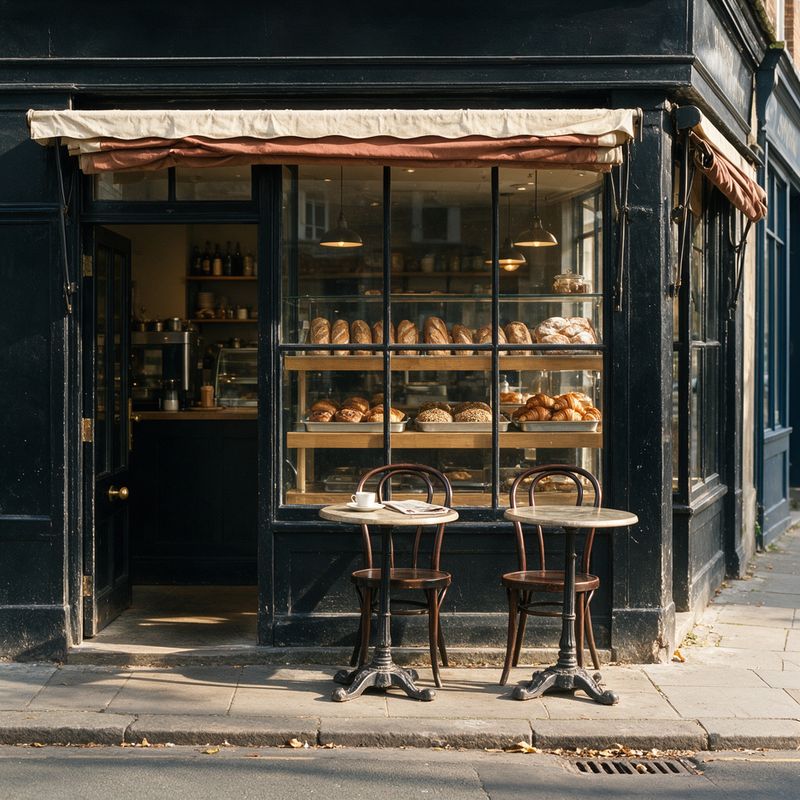 A corner bakery storefront with a black timber facade and two pavement tables in morning light