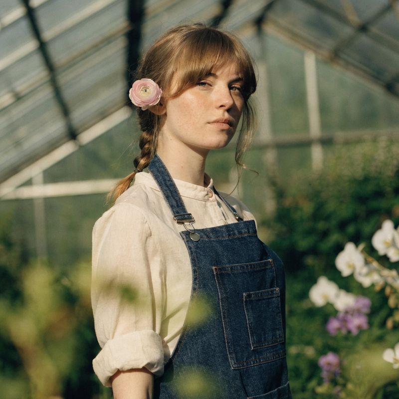 A young florist apprentice with a loose side braid and a pink ranunculus tucked behind her ear, wearing a denim apron over a cream blouse