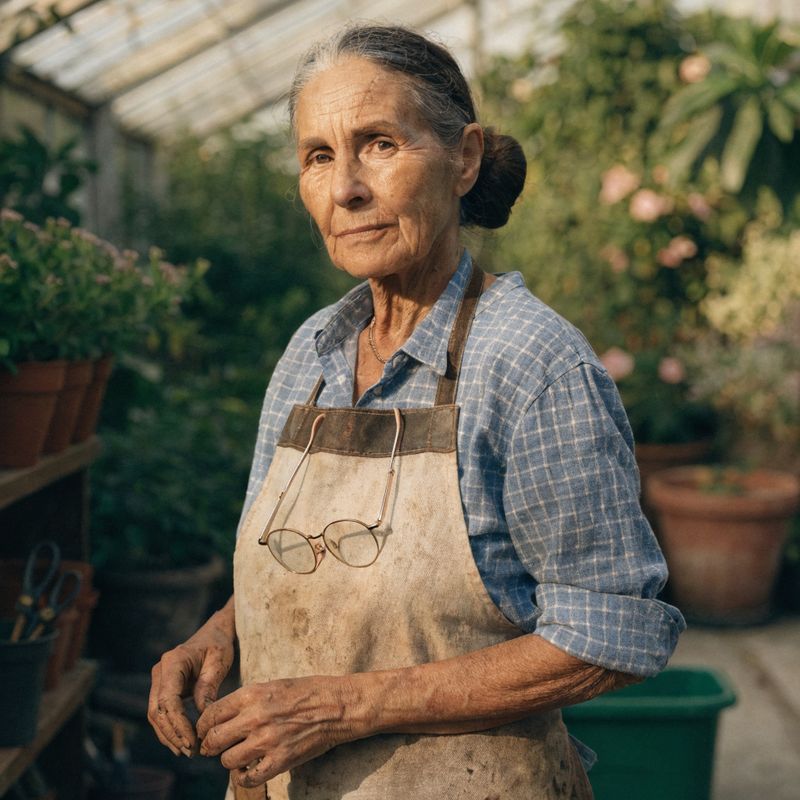 An older florist mentor with a low bun and gold reading glasses on a chain, wearing a faded canvas apron over a checked shirt