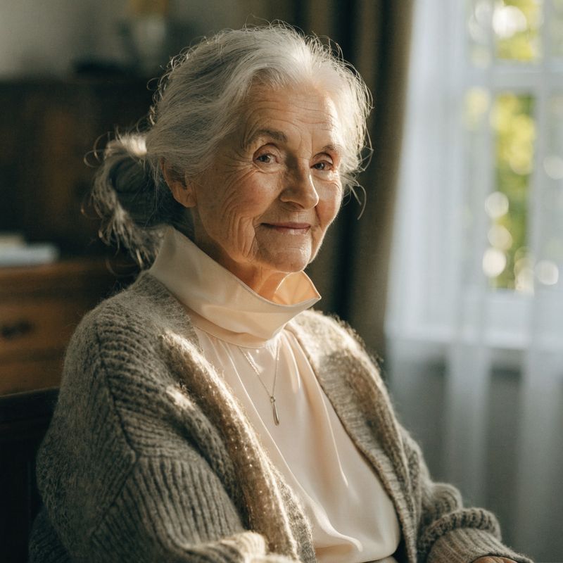 A warm portrait of an elderly woman with silver-grey hair, an oatmeal chunky knit cardigan over a cream blouse, and a small silver pendant