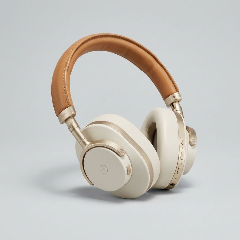 A packshot of matte cream over-ear wireless headphones with champagne-gold hinges and a tan leather headband