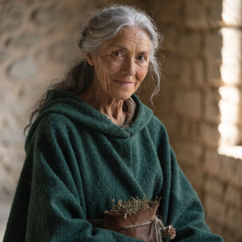 An older medieval herbalist woman in a forest-green hooded cloak with a leather pouch of herbs at her waist