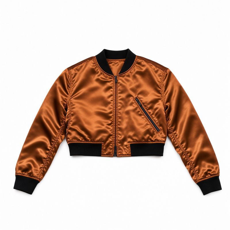 A burnt orange satin bomber jacket with black ribbed trim laid flat on white