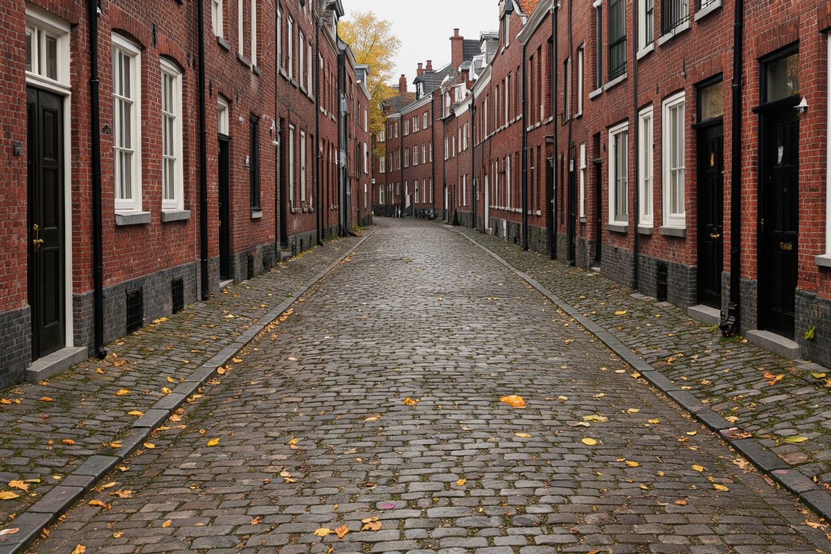 An empty cobblestone lane between red brick townhouses with a few yellow leaves on the stones
