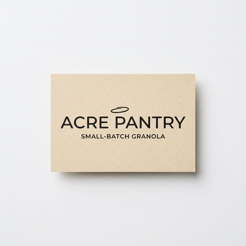 Flat-lay photograph of an Acre Pantry brand logo card on cream kraft paper