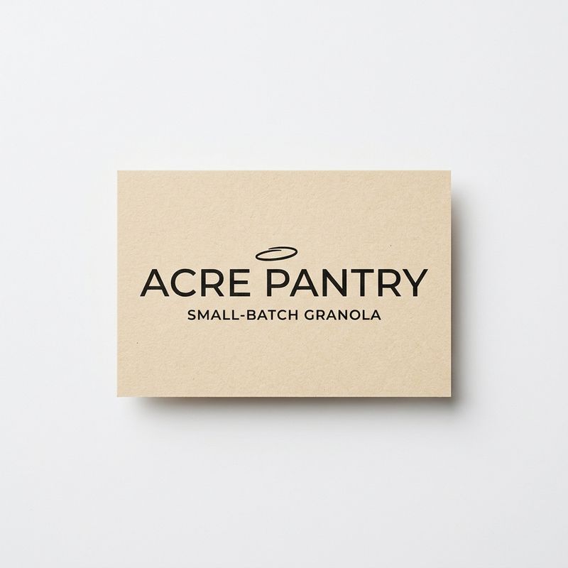 Flat-lay photograph of an Acre Pantry brand logo card on cream kraft paper