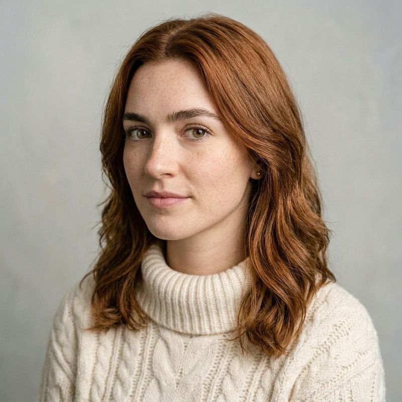 The same woman shown from a three-quarter left angle, same hair, same freckles, same sweater, eyes still meeting the camera
