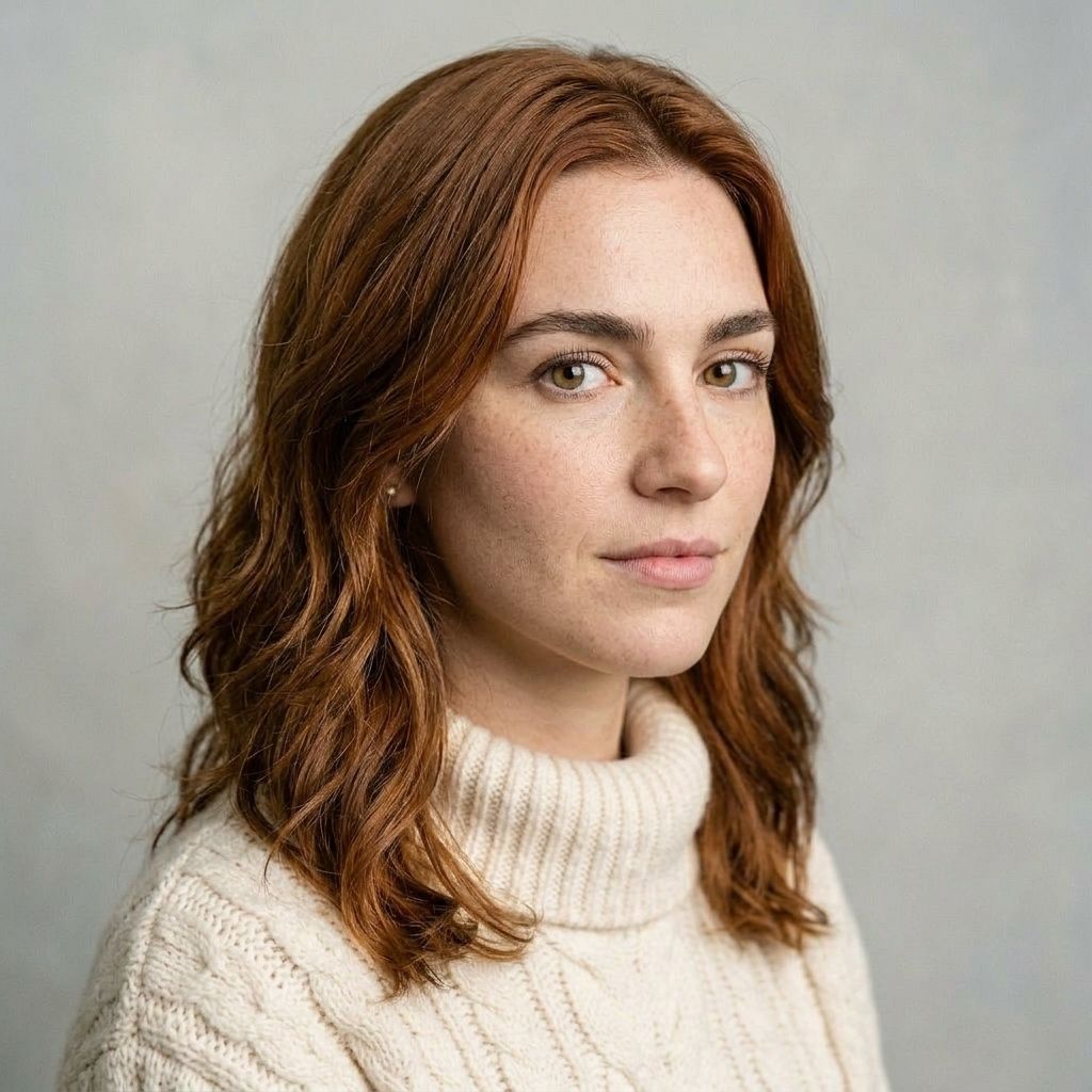 The same woman from a three-quarter right angle, same hair, same freckles, same sweater, eyes still meeting the camera