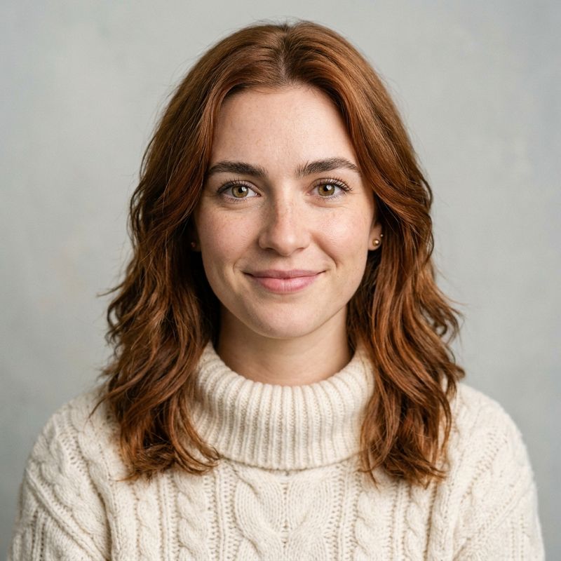 Front-facing chest-up portrait of a woman in her late twenties with shoulder-length copper-chestnut hair and freckles, in a cream cable-knit sweater