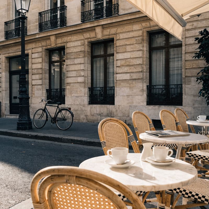 A sunlit Parisian sidewalk cafe terrace with round marble tables and a cream awning