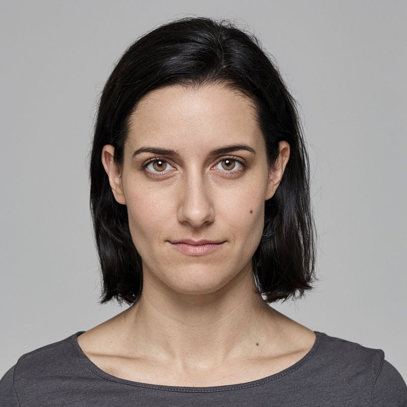 A studio headshot of a woman with dark shoulder-length hair on a light gray backdrop