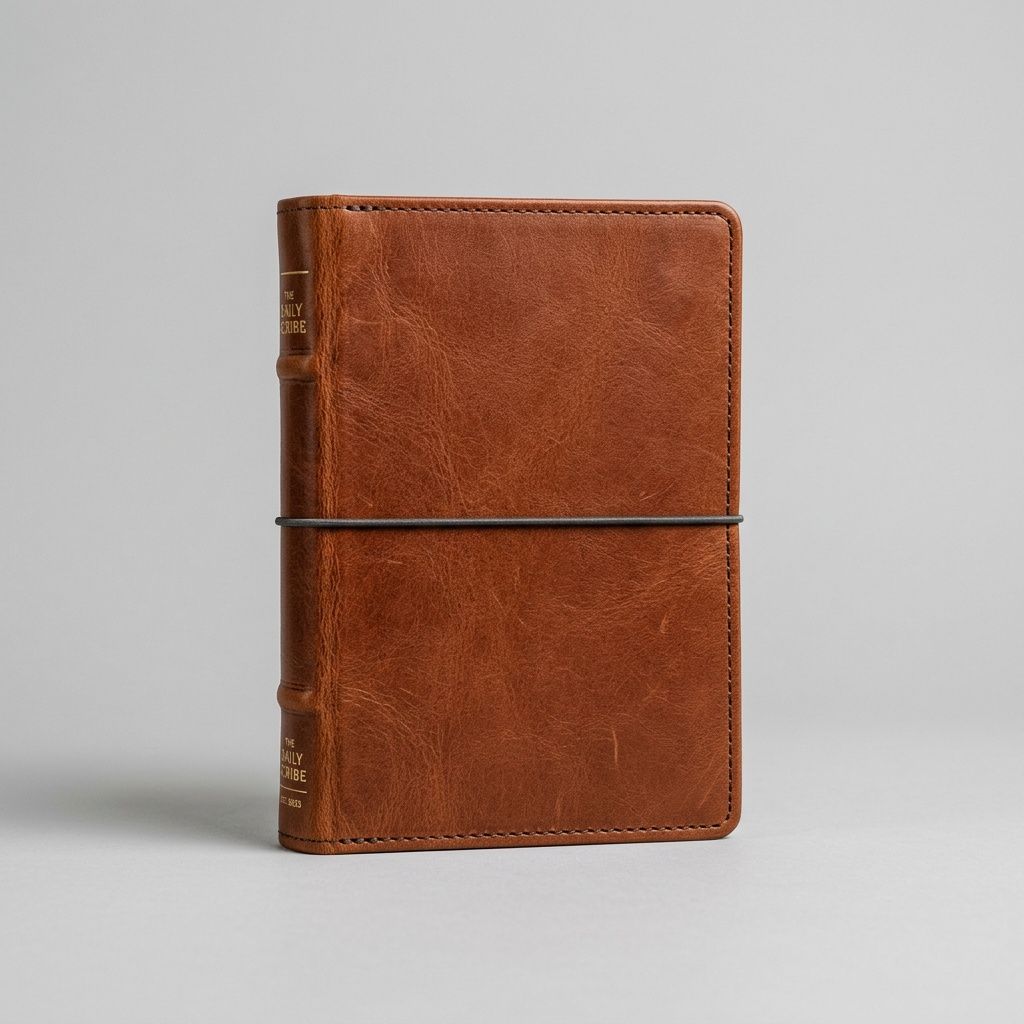Product photograph of a cognac-brown leather-wrapped hardcover journal with a thin elastic closure, on a plain pale grey background