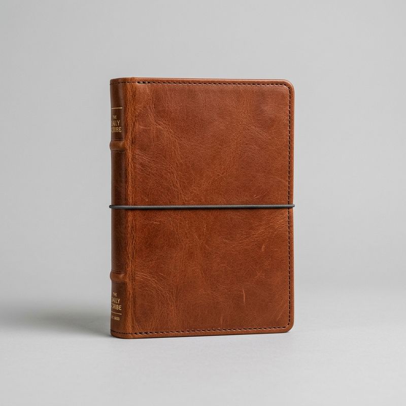 Product photograph of a cognac-brown leather-wrapped hardcover journal with a thin elastic closure, on a plain pale grey background