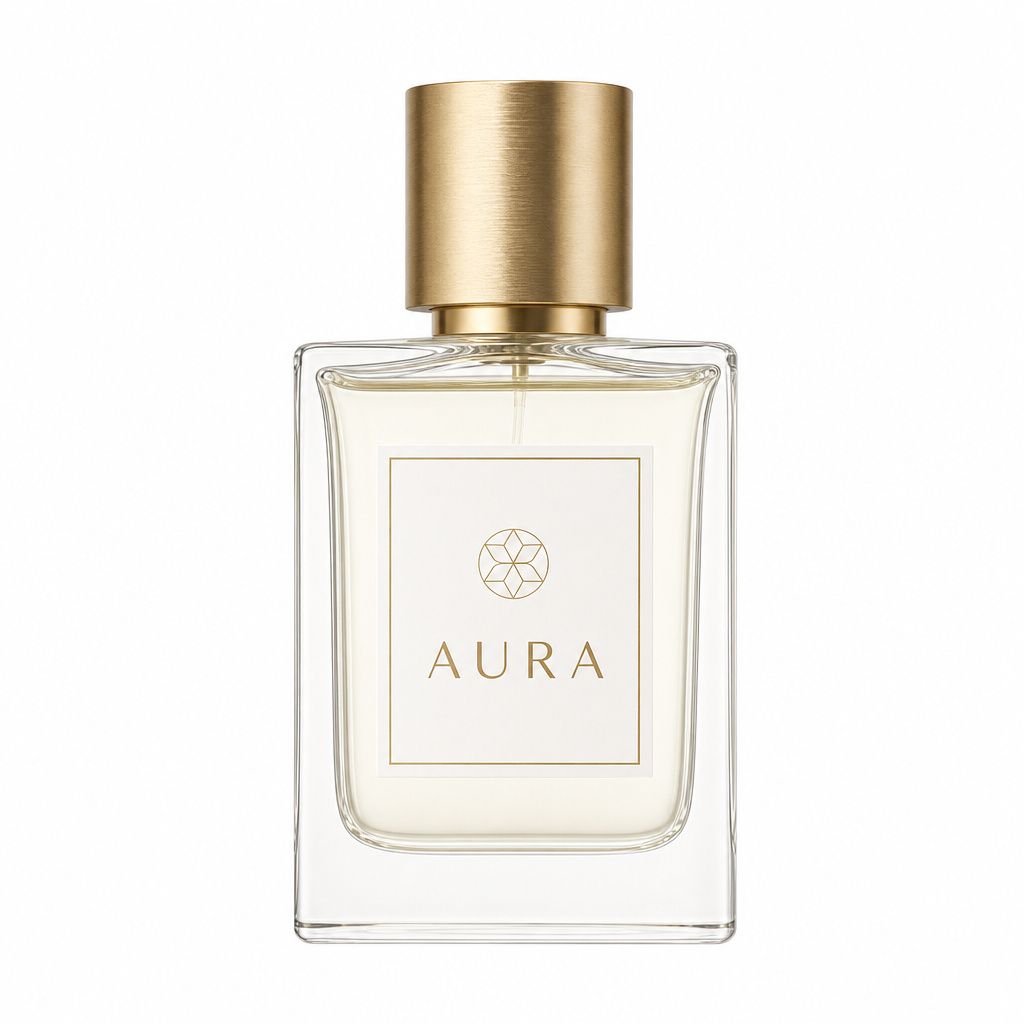 A minimalist glass perfume bottle with a brushed-gold cap and AURA label, centered on a pure white studio background
