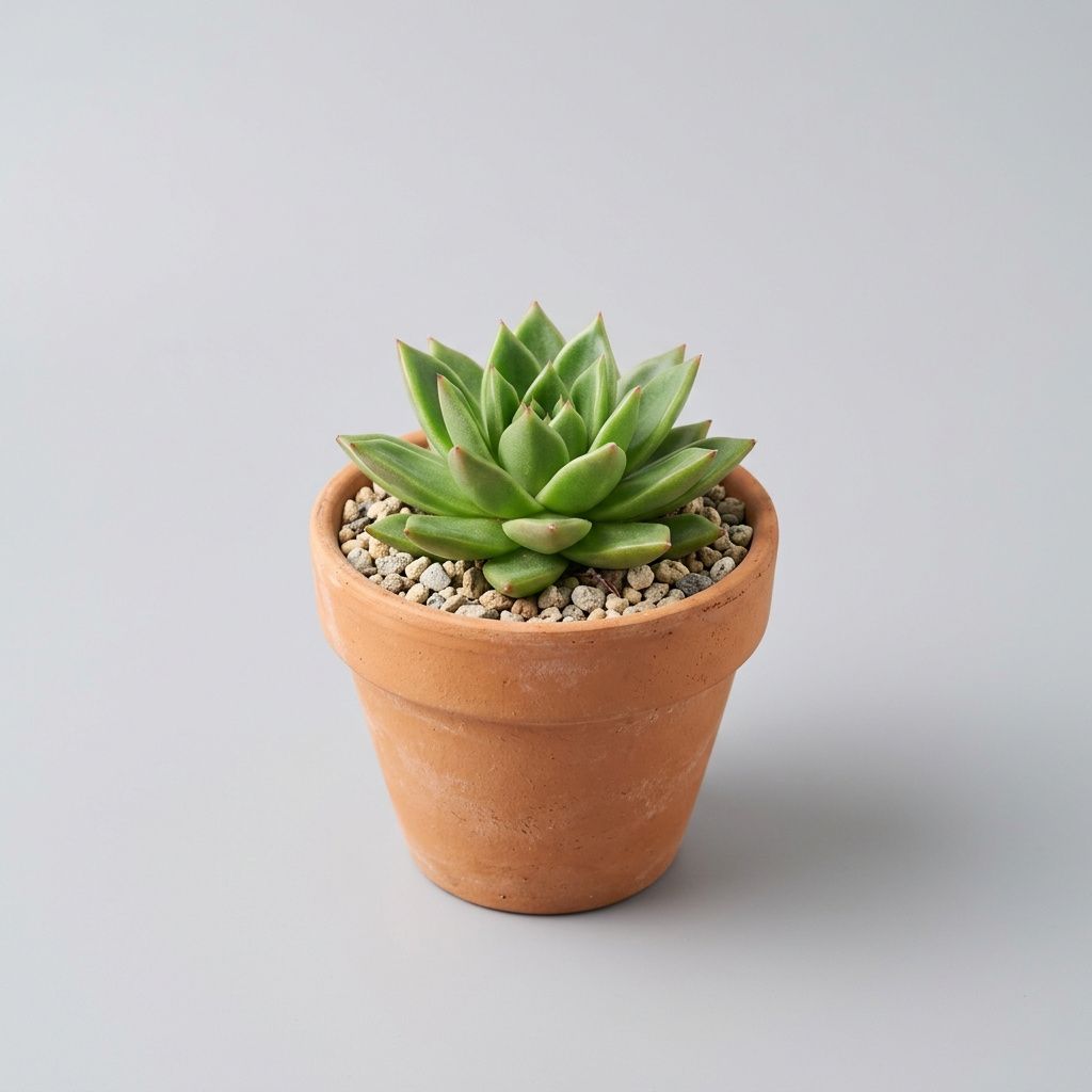 Product photograph of a small terracotta clay pot containing a rosette-style green succulent with thick fleshy leaves, on a plain pale grey background