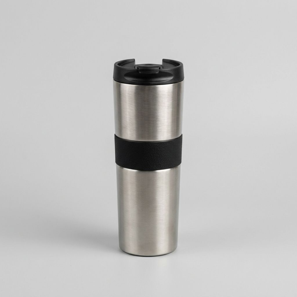 Product photograph of a tall brushed-stainless-steel coffee tumbler with a black silicone grip band, on a plain pale grey background