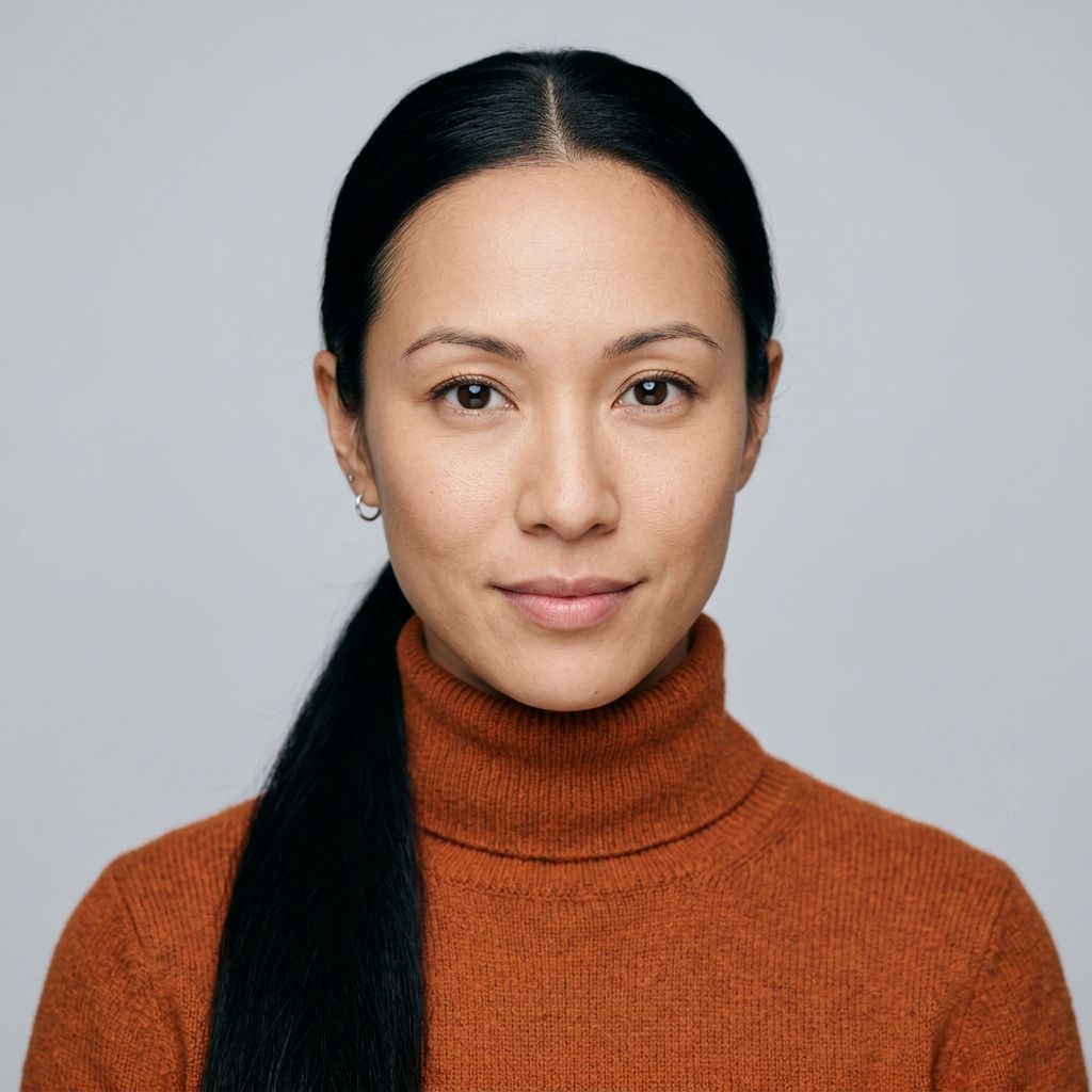 Front-facing chest-up portrait of Riley, a woman in her early thirties with long jet-black hair in a low ponytail, wearing a burnt-orange knit turtleneck against a pale grey background