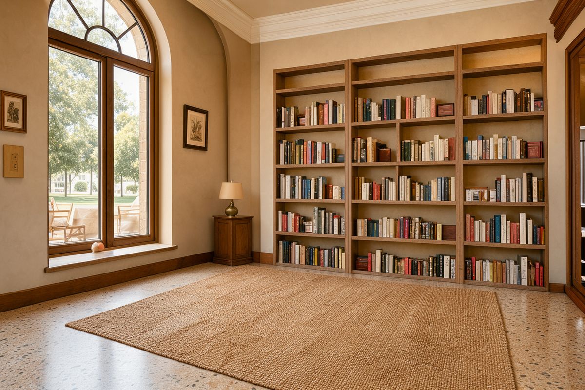 A hotel reading room with an arched window, tall built-in bookshelves and an empty jute rug on a terrazzo floor