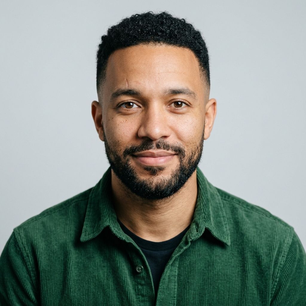 Front-facing chest-up portrait of Sam, a man in his early thirties with short tightly curled black hair, a short beard, wearing a forest-green corduroy button-down against a pale grey background