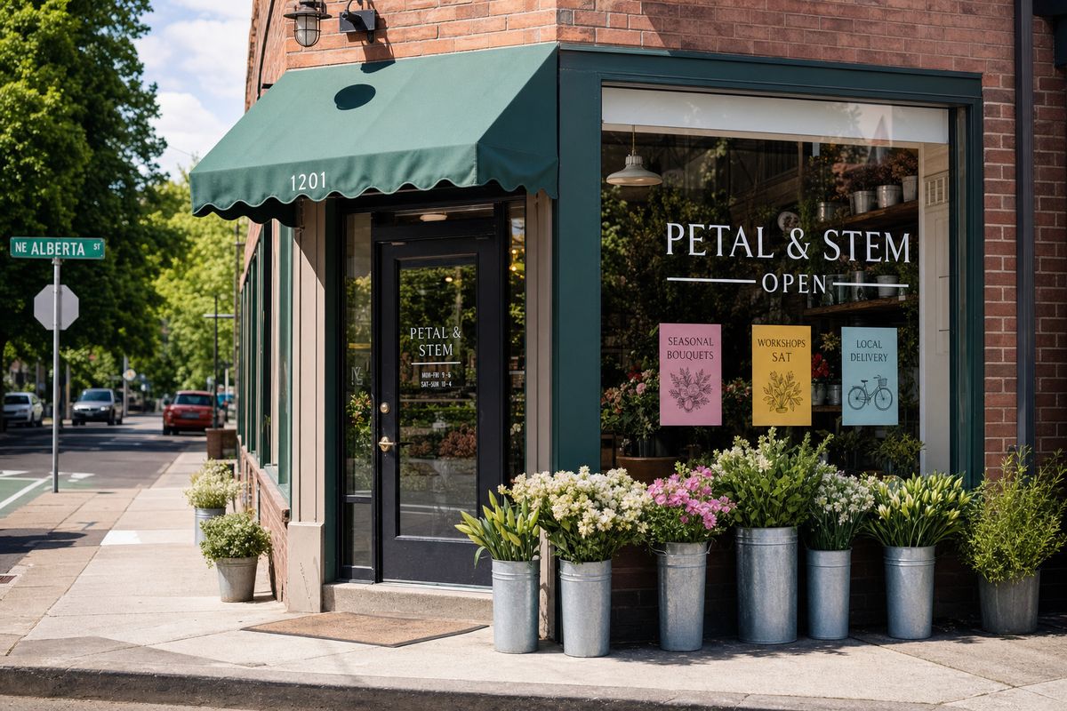 A flower shop storefront photographed from across the street with PETAL AND STEM OPEN lettering on the main window and three small posters advertising SEASONAL BOUQUETS, WORKSHOPS SAT, and LOCAL DELIVERY