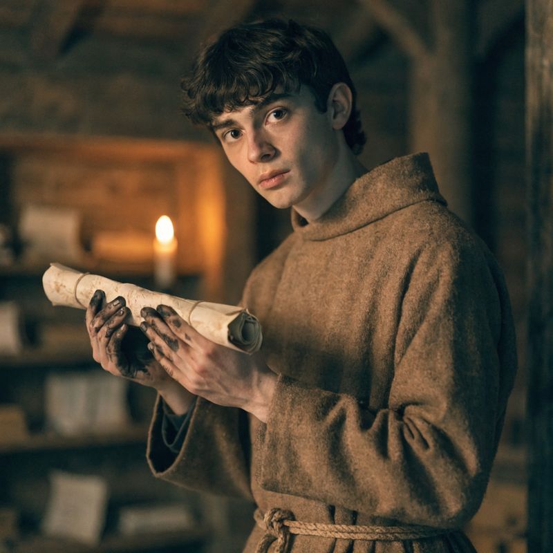 A young medieval scribe in a brown wool robe holding a rolled parchment scroll