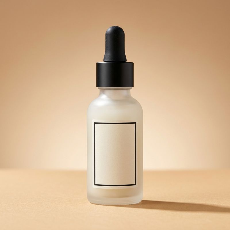A packshot of a frosted glass serum bottle with a matte black dropper cap and a minimal cream label on a sand-coloured backdrop