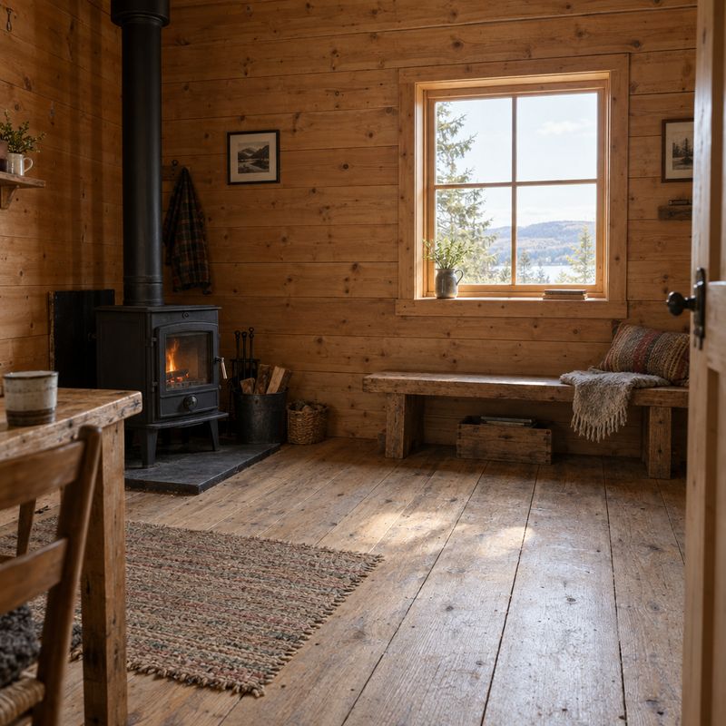 The interior of a timber cabin with a small wood burner, a bench under a window and wide floorboards