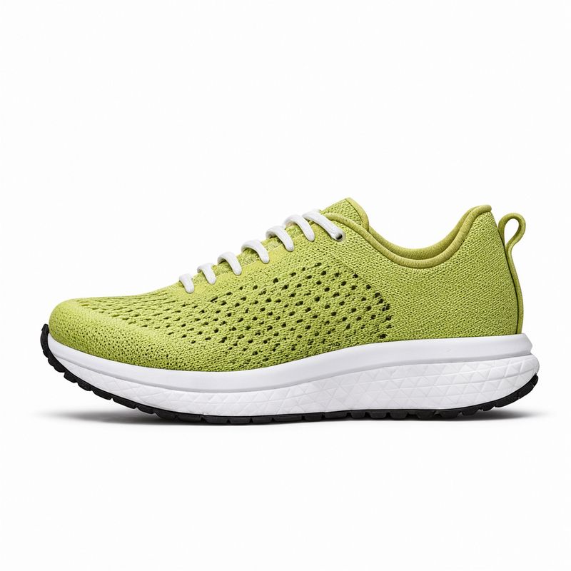 A side-profile packshot of a running shoe with a lime green knit upper, white laces and a white foam midsole