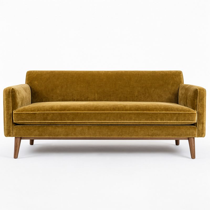 A three-seater mustard velvet sofa with walnut legs on a white background