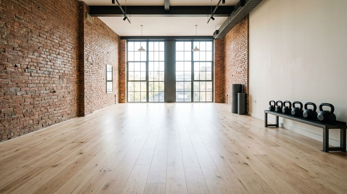 An empty boutique fitness studio with pale birch floors, an exposed brick wall, tall industrial windows and a row of black kettlebells