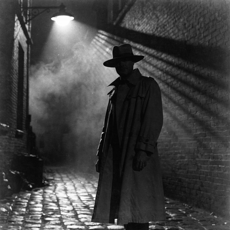 A still frame from a 1940s film noir motion picture: a man in a trench coat silhouetted in a wet alleyway under a single overhead streetlamp, with harsh diagonal venetian-blind shadows striped across the brick wall behind him