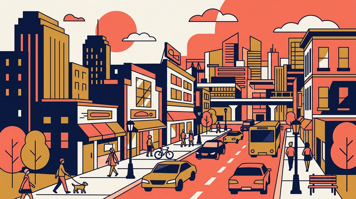A flat vector illustration of a city street in deep navy, coral, mustard and off-white with bold geometric shapes and thick outlines