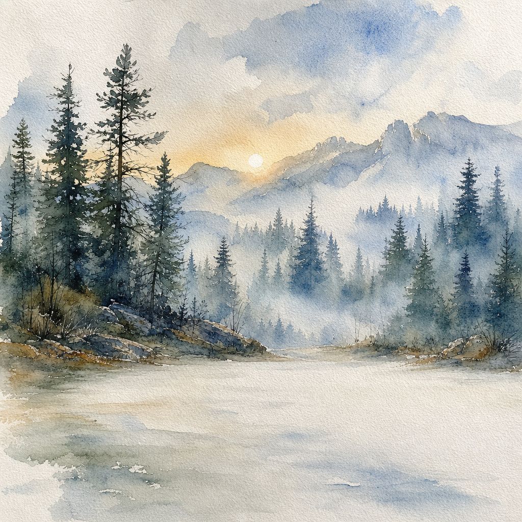 A loose watercolor landscape of a misty pine forest at dawn with visible brushstrokes and a soft cool palette