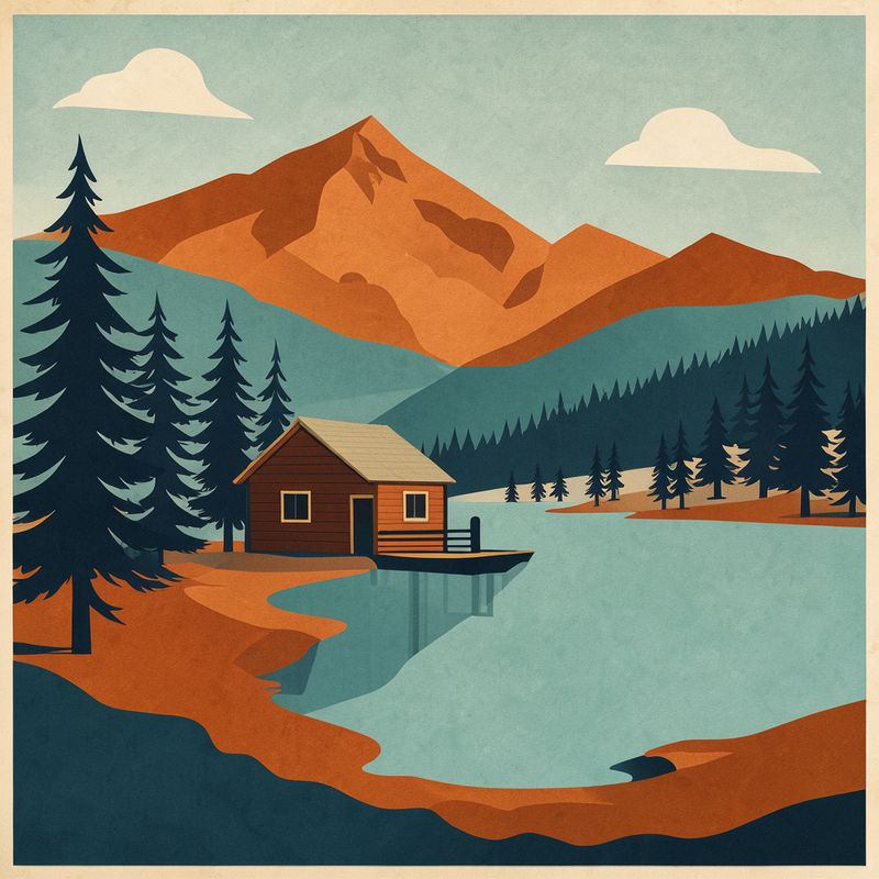 A flat vector travel poster of a mountain lake with a wooden boathouse and pine trees in teal, orange, cream and navy