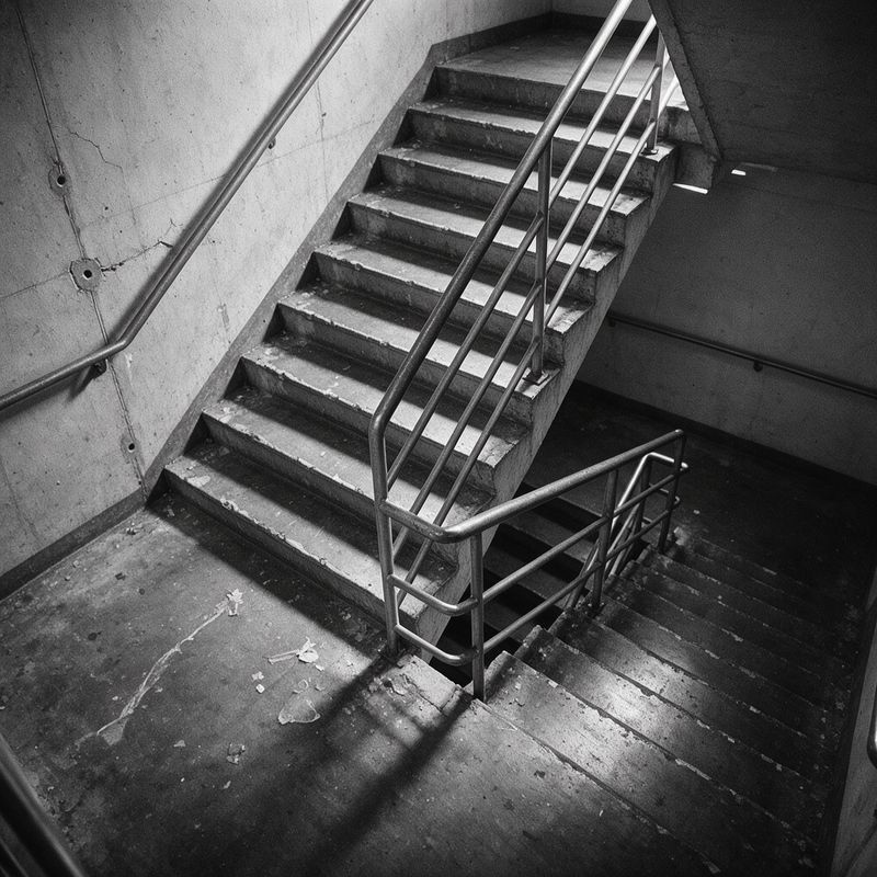 A high-contrast grainy black and white photograph of an empty concrete stairwell