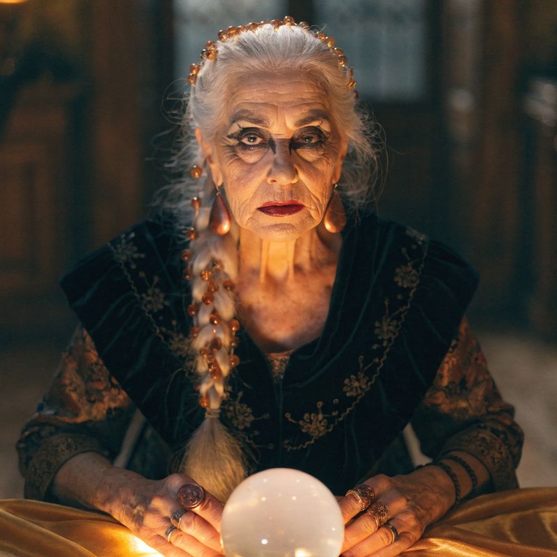 A vintage fortune teller in her sixties with a silver braid, kohl eye makeup, and an embroidered black velvet shawl