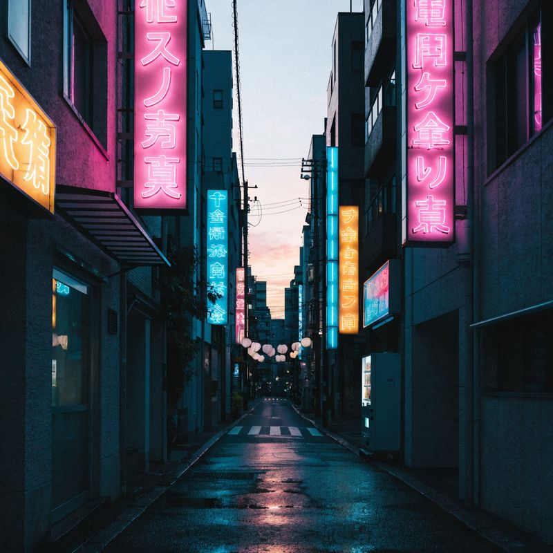 A vibrant Tokyo backstreet at dusk with colorful neon signs and wet pavement reflecting the lights